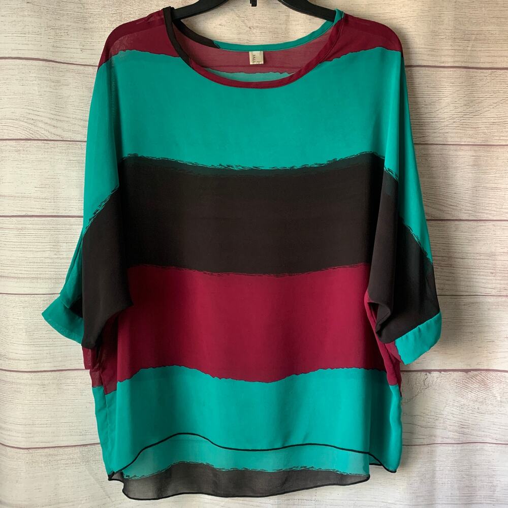 Baluoke Color Block Stripe Blouse Dolman or Bat Wing 3/4 Sleeves High Low Bottom